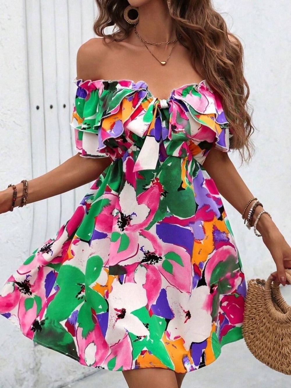 🌿2/$25 • Women’s Vibrant Floral Off-Shoulder Mini Dress in Multi-Color